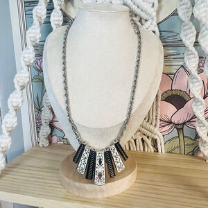 Ornate Enameled Statement Necklace | Off-White & Black Bib on Silver Tone